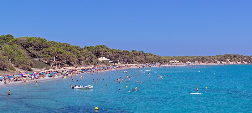Panorama van Platja de Ses Salines op Ibiza met catamarans, parasols en het natuurpark