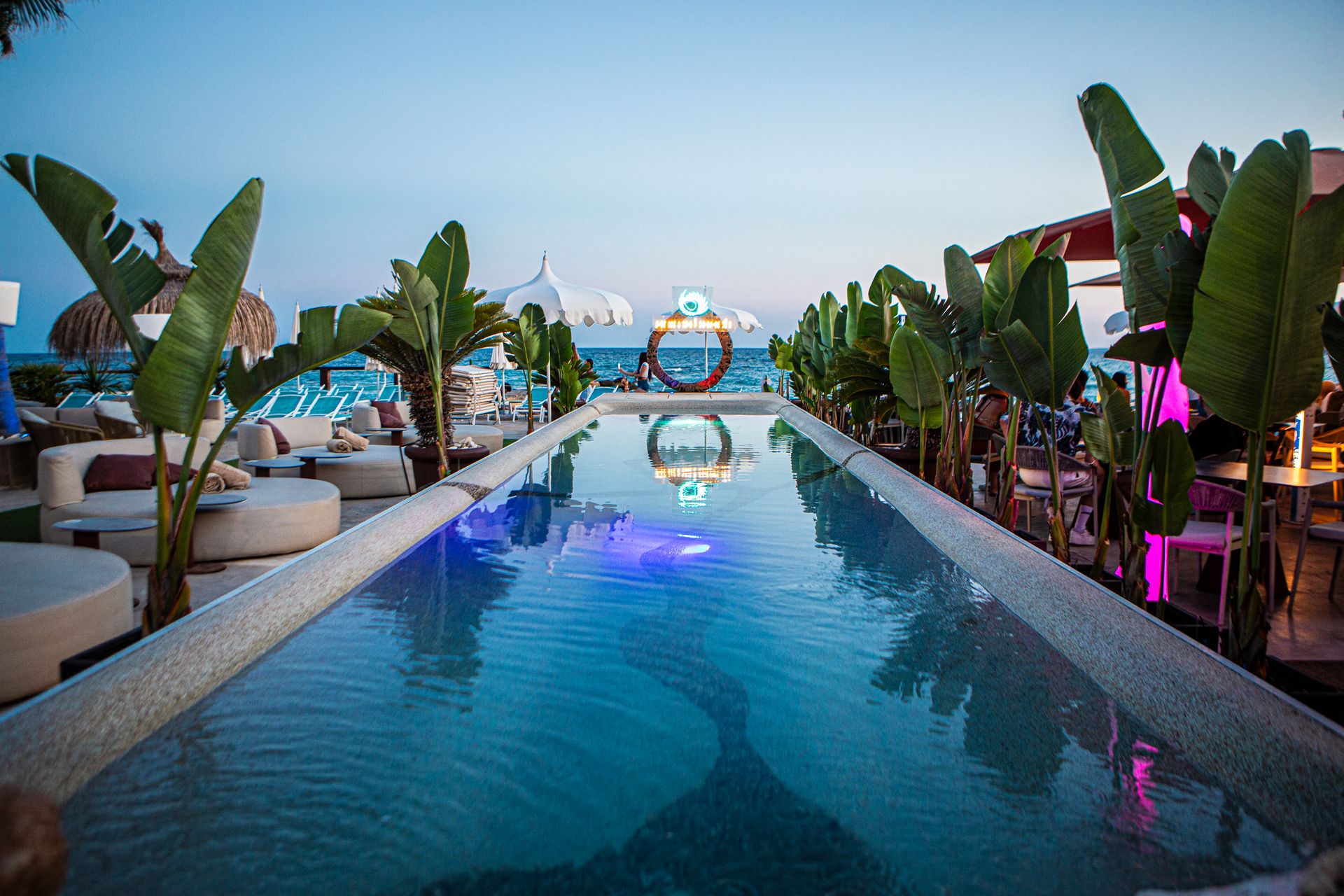 Anima Beach Mallorca: beachclub aan het stadstrand van Palma 4 Het verlichte zwembad van Anima Beach in de avond met palmen en loungebanken