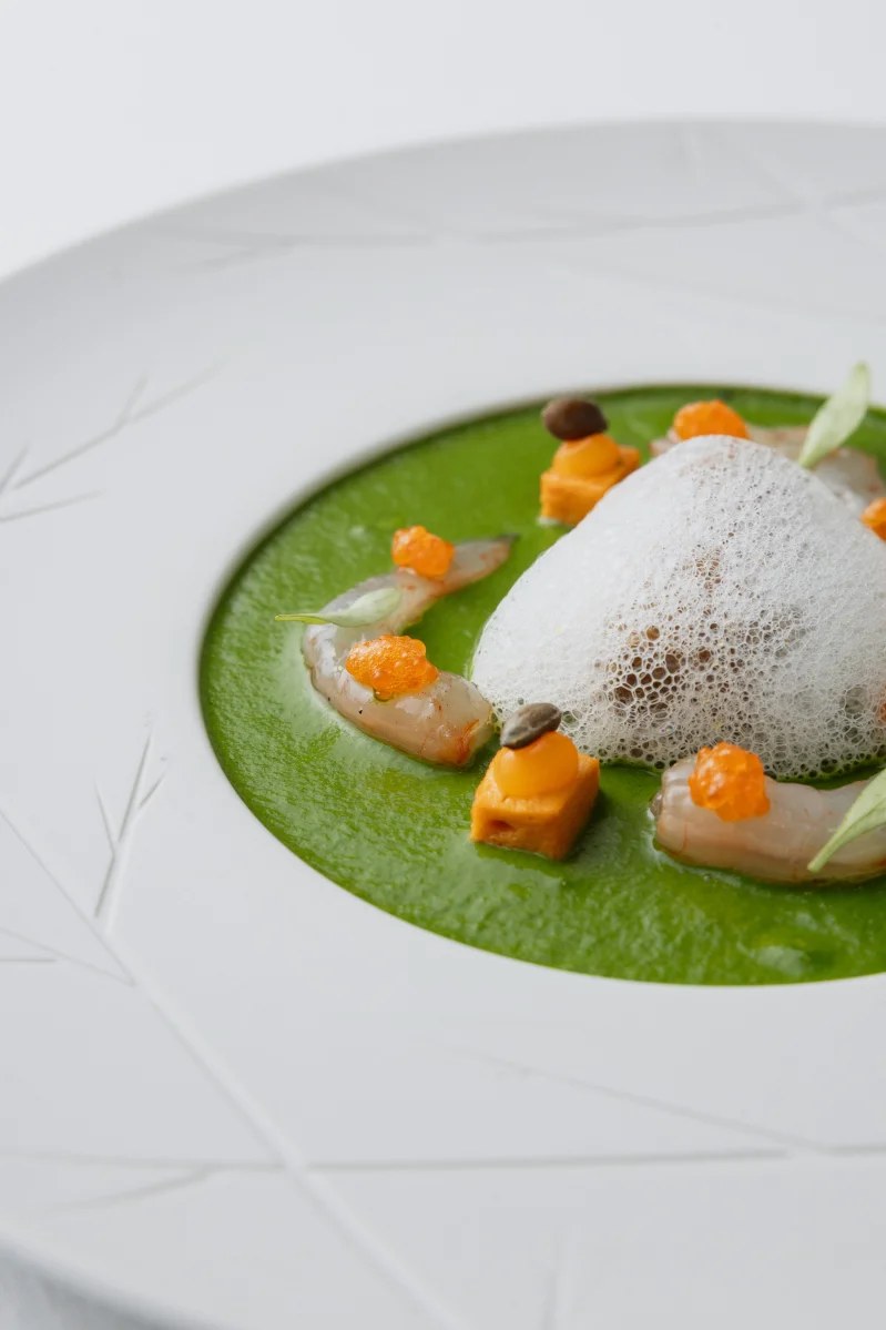 Verfijnd gerecht met groene saus en schuim bij Aquiara op Menorca