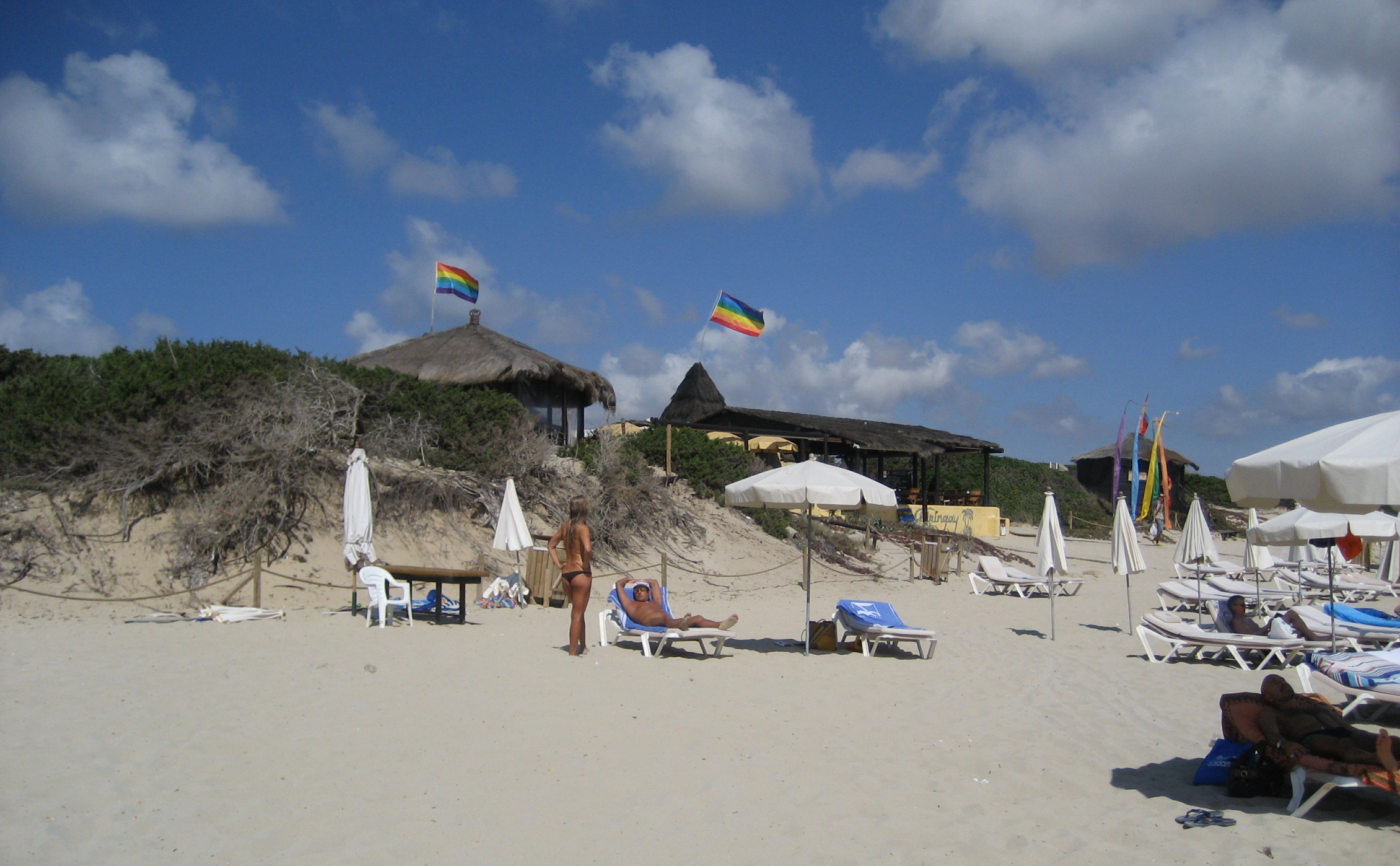 Beachclubs op Ibiza: waar ze zitten, seizoen en reserveren 3 Het strand van Es Cavallet op Ibiza met rieten parasols en ligbedden voor de duinen van het natuurpark van de zoutpannen