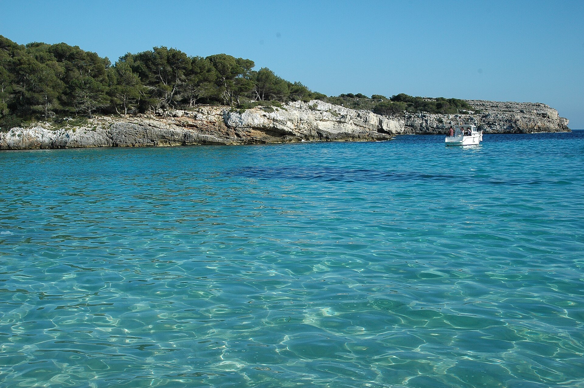 Het heldere turquoise water van Cala en Turqueta met de beboste rotskust van de baai op Menorca