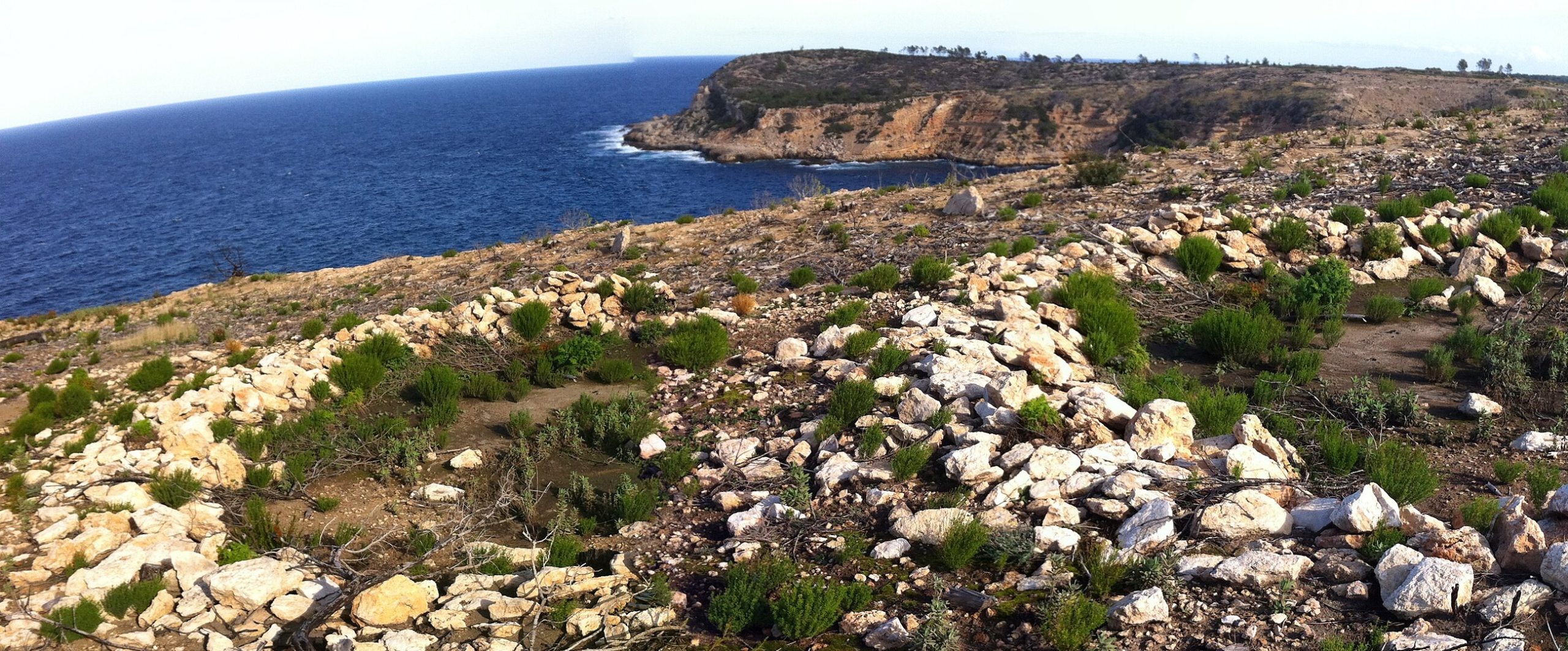 Cala es Canaret Ibiza: verborgen baai bij Portinatx, met de wandeling en de toegang in 2026 3 De punta de Xarracó aan de overkant van de baai van Es Canaret, met op de voorgrond kale grond en oude stenen muurtjes na de bosbrand