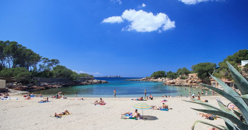 Het zandstrand van Cala Gració bij Sant Antoni op Ibiza met pijnbomen, ondiep turquoise water en badgasten