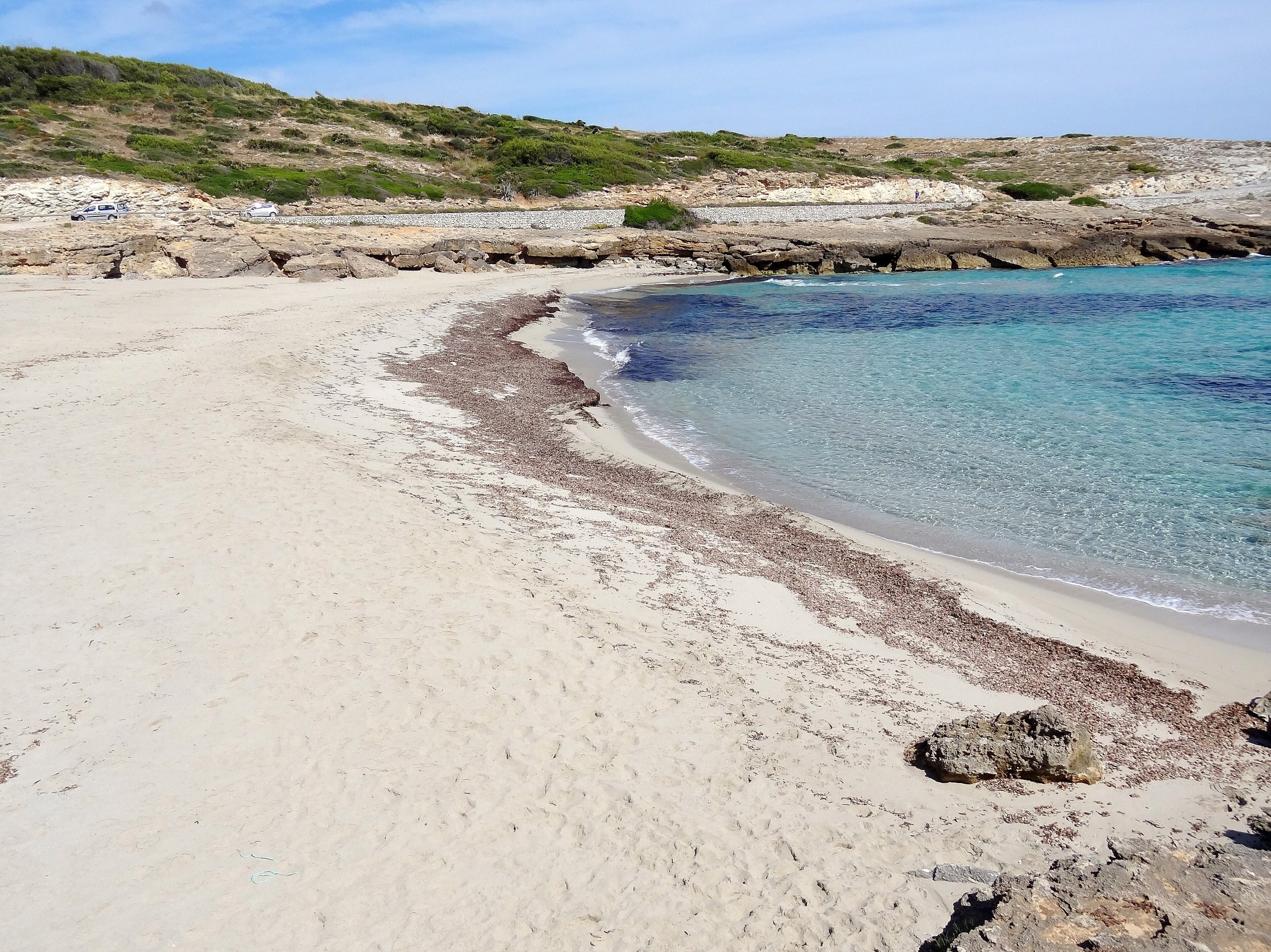 Zandstrand van Cala Mitjana bij Artà op Mallorca met turquoise water en een rand zeegras