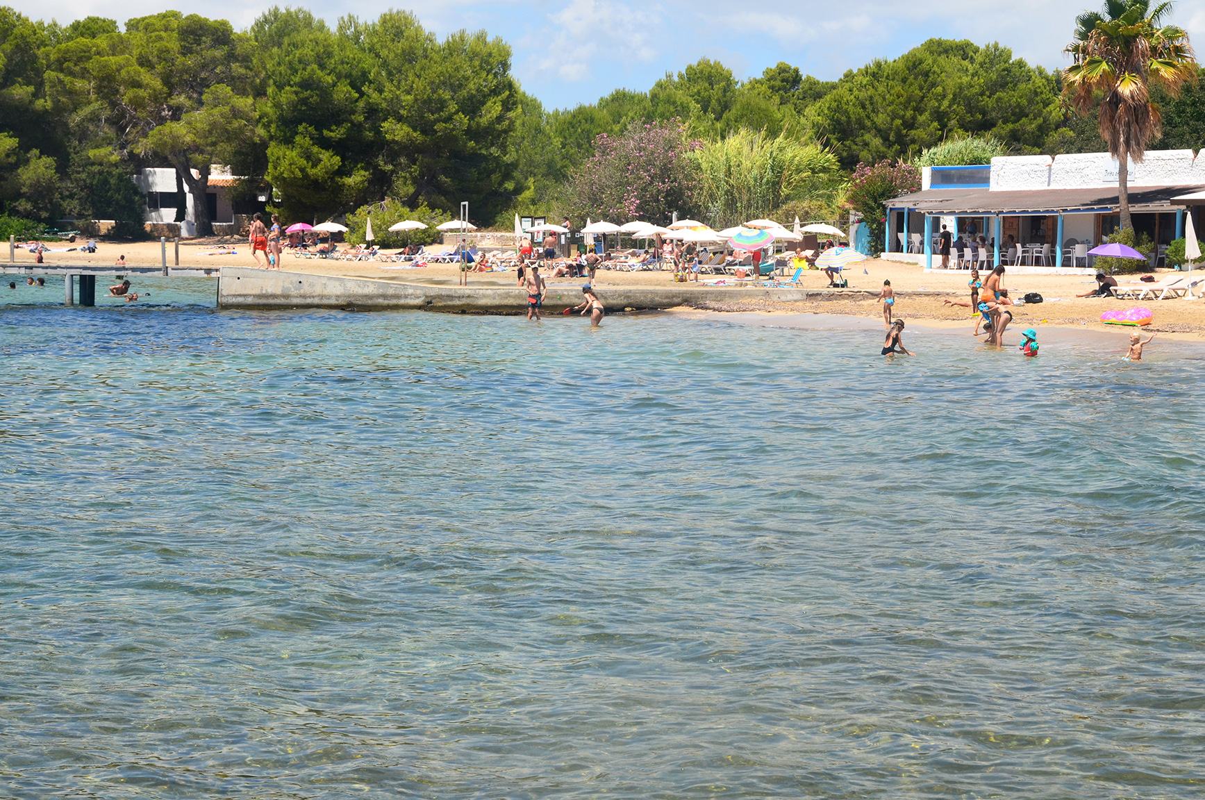 Het strand van Cala Pada op Ibiza met de betonnen steiger, ligbedden en pijnbomen