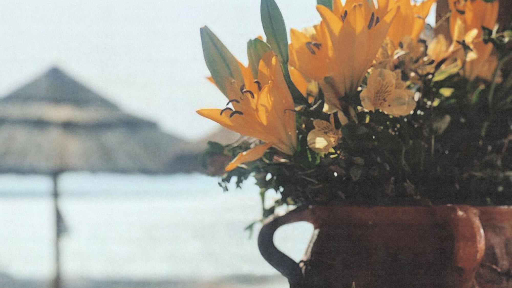 Bloemen op een tafel met een rieten parasol en de zee bij Can Carlitos