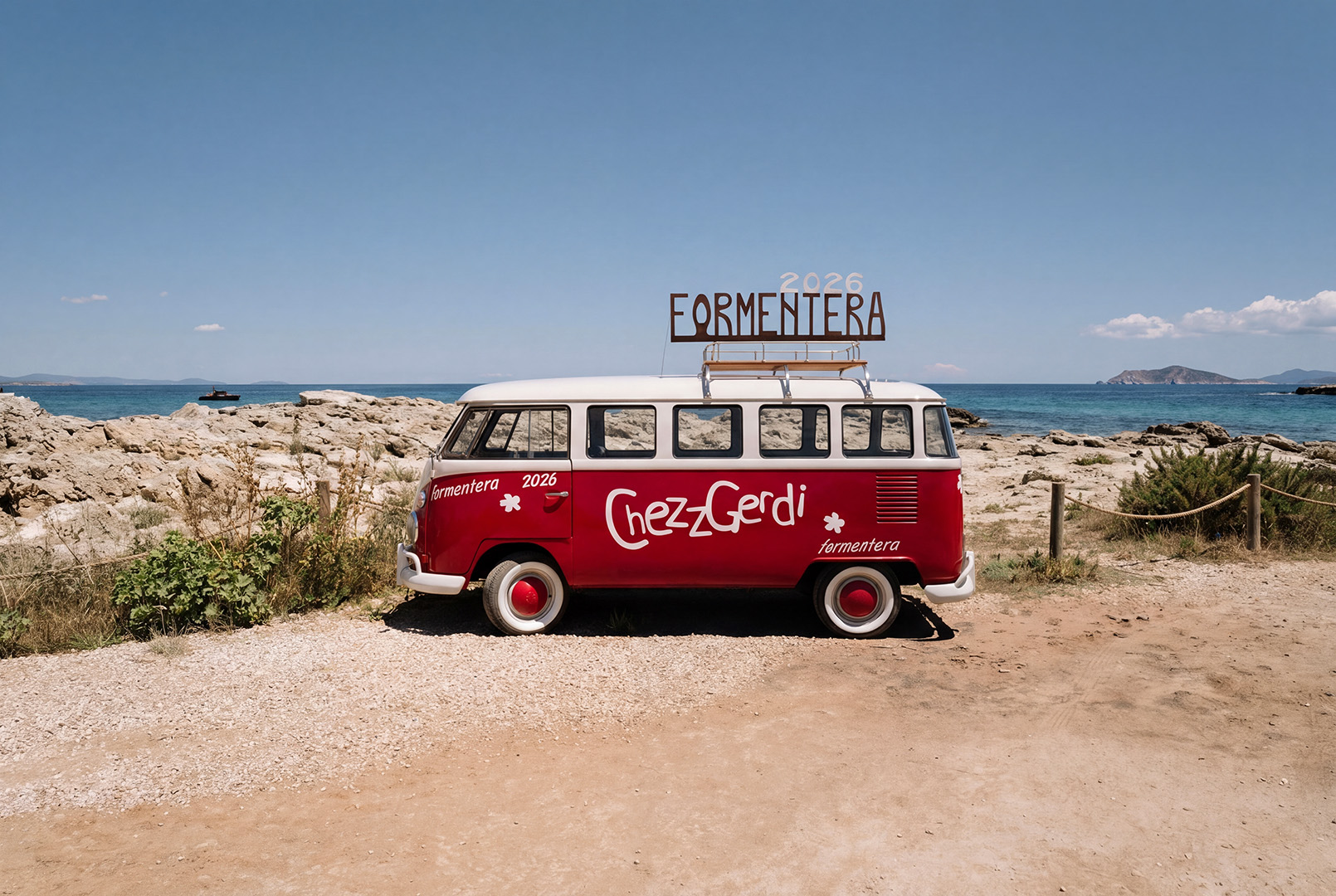 Chezz Gerdi Formentera: het iconische strandrestaurant van Es Pujols 1 De rode Volkswagen-bus van Chezz Gerdi op het strand van Es Pujols, met Formentera op het dak