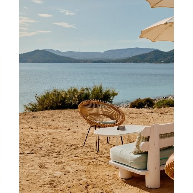 Ligbed met bijzettafel aan het water bij Experimental Beach Ibiza