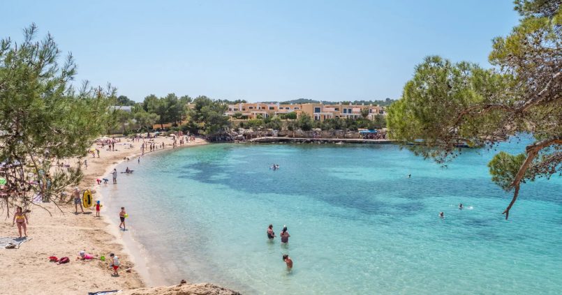 De beschutte baai van Port des Torrent op Ibiza met ondiep turquoise water, een zandstrand en dennen aan de rand