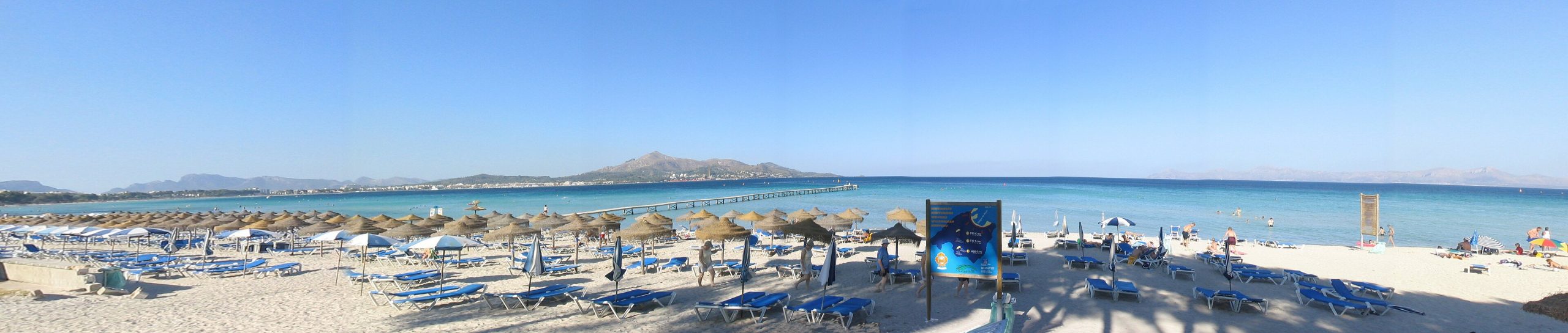Mallorca met kinderen: beste gebieden, attracties en stranden 1 De brede zandstrook van de baai van Alcúdia op Mallorca met rijen strohutparasols en helder ondiep water