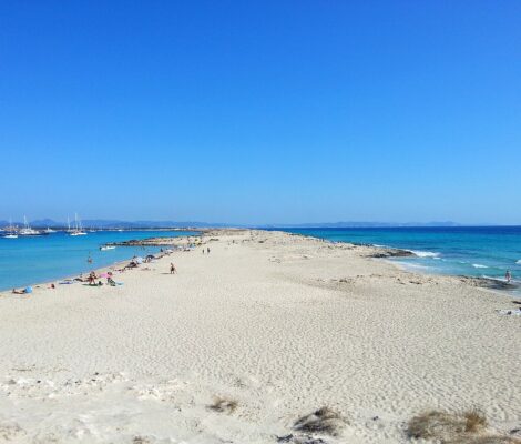 De smalle zandtong van Ses Illetes op Formentera met turquoise water aan beide kanten