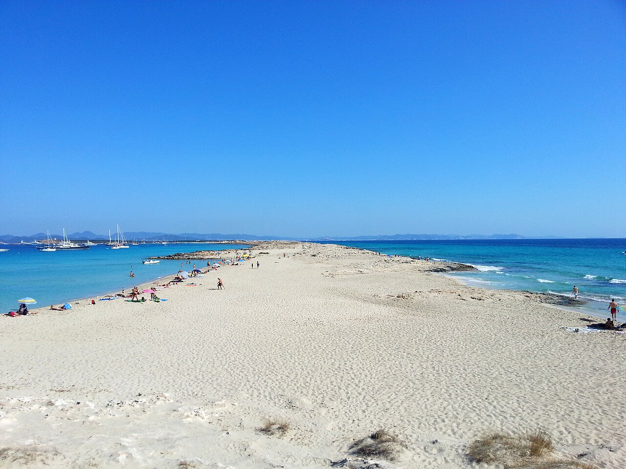 Beste reistijd Formentera: weer per maand, zeewater en het voertuigquotum 1 De smalle zandtong van Ses Illetes op Formentera met turquoise water aan beide kanten