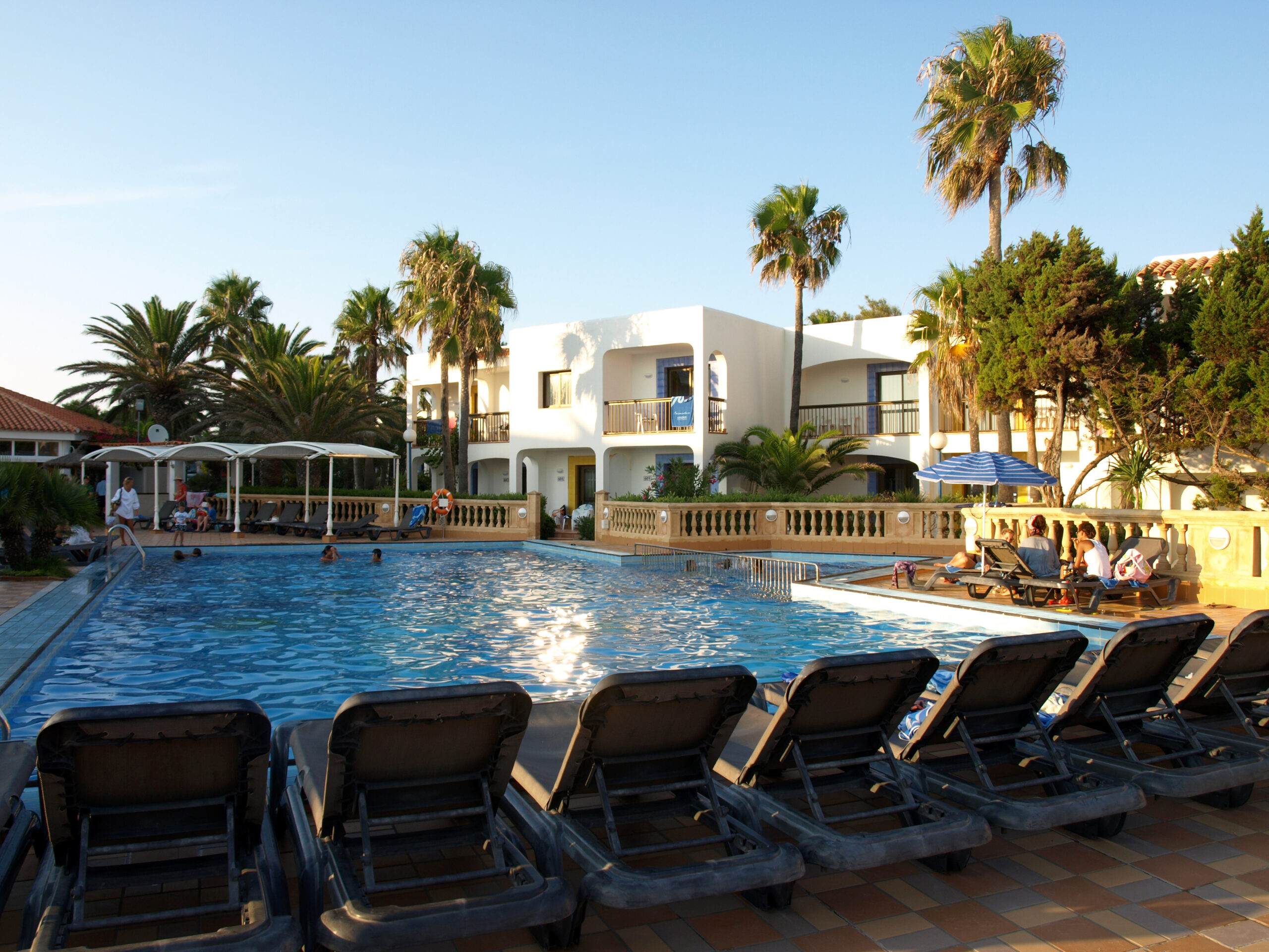 Zwembad van een hotel op Formentera, omringd door palmbomen