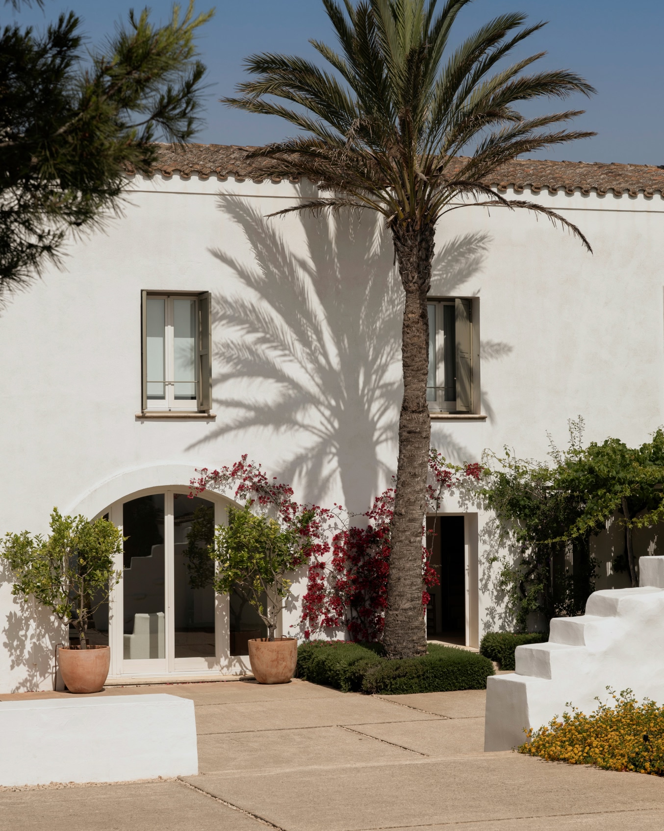 De witgekalkte gevel van de finca van Torralbenc met palmboom