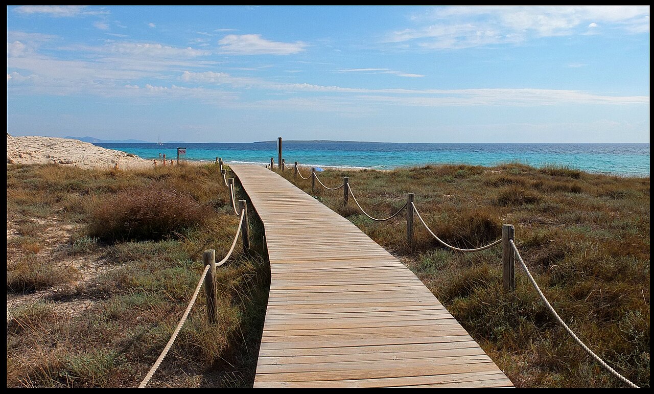 Beste reistijd Formentera: weer per maand, zeewater en het voertuigquotum 2 Houten vlonderpad door de duinen naar het strand op Formentera