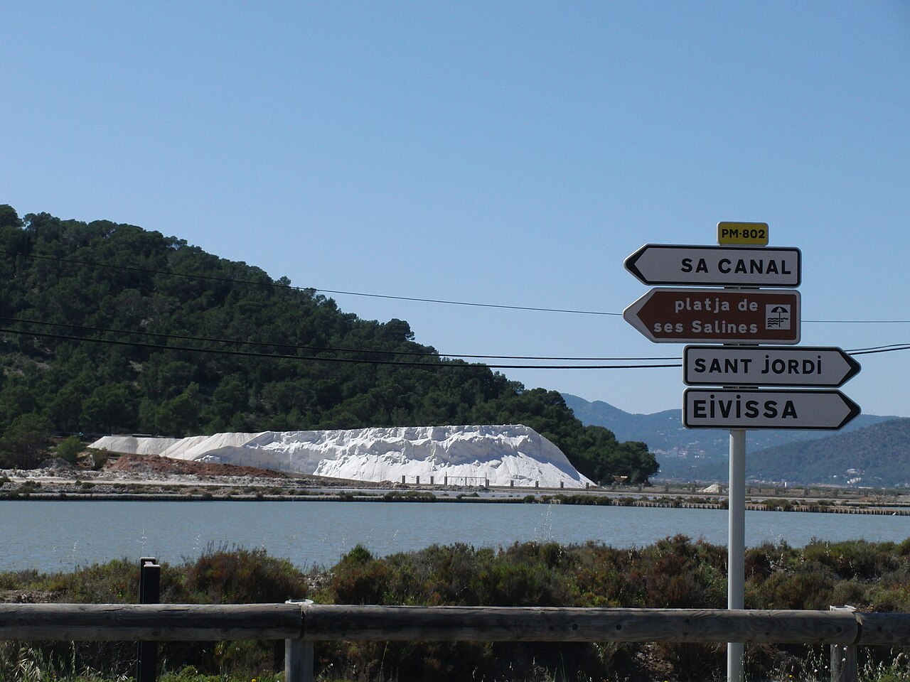 Wegwijzers naar Sa Canal, Sant Jordi en Eivissa bij de zoutpannen van Ses Salines