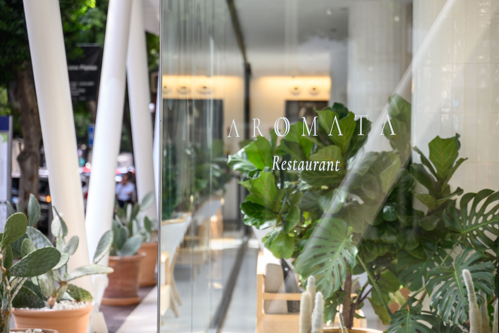 De glazen gevel van restaurant Aromata in Palma met de naam in witte letters, gezien door potplanten en cactussen op het terras