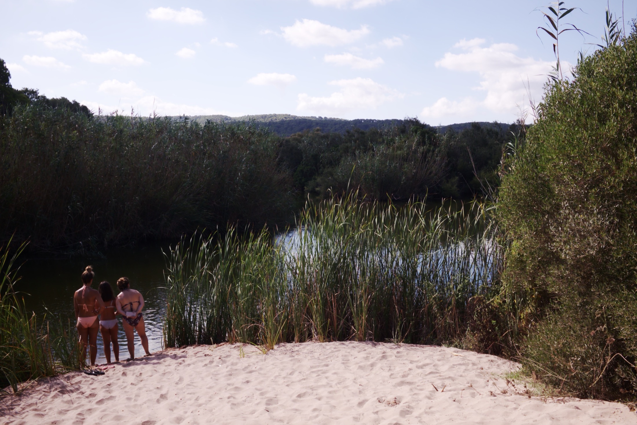De zoetwaterplas met riet in de vallei van La Vall achter het strand van Algaiarens