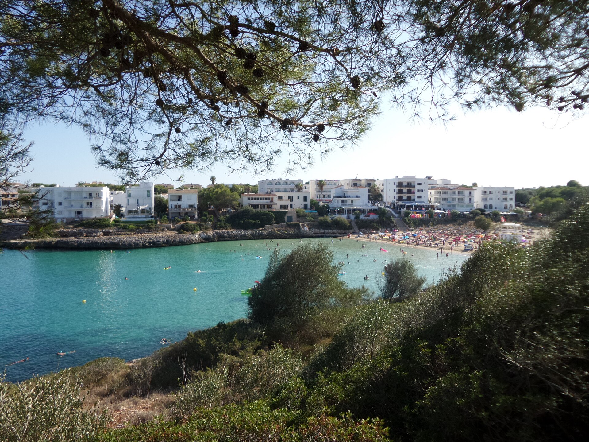 Cala Marçal gezien door overhangende pijnboomtakken, met turquoise water, de witte appartementen aan de kant en het strand in de verte