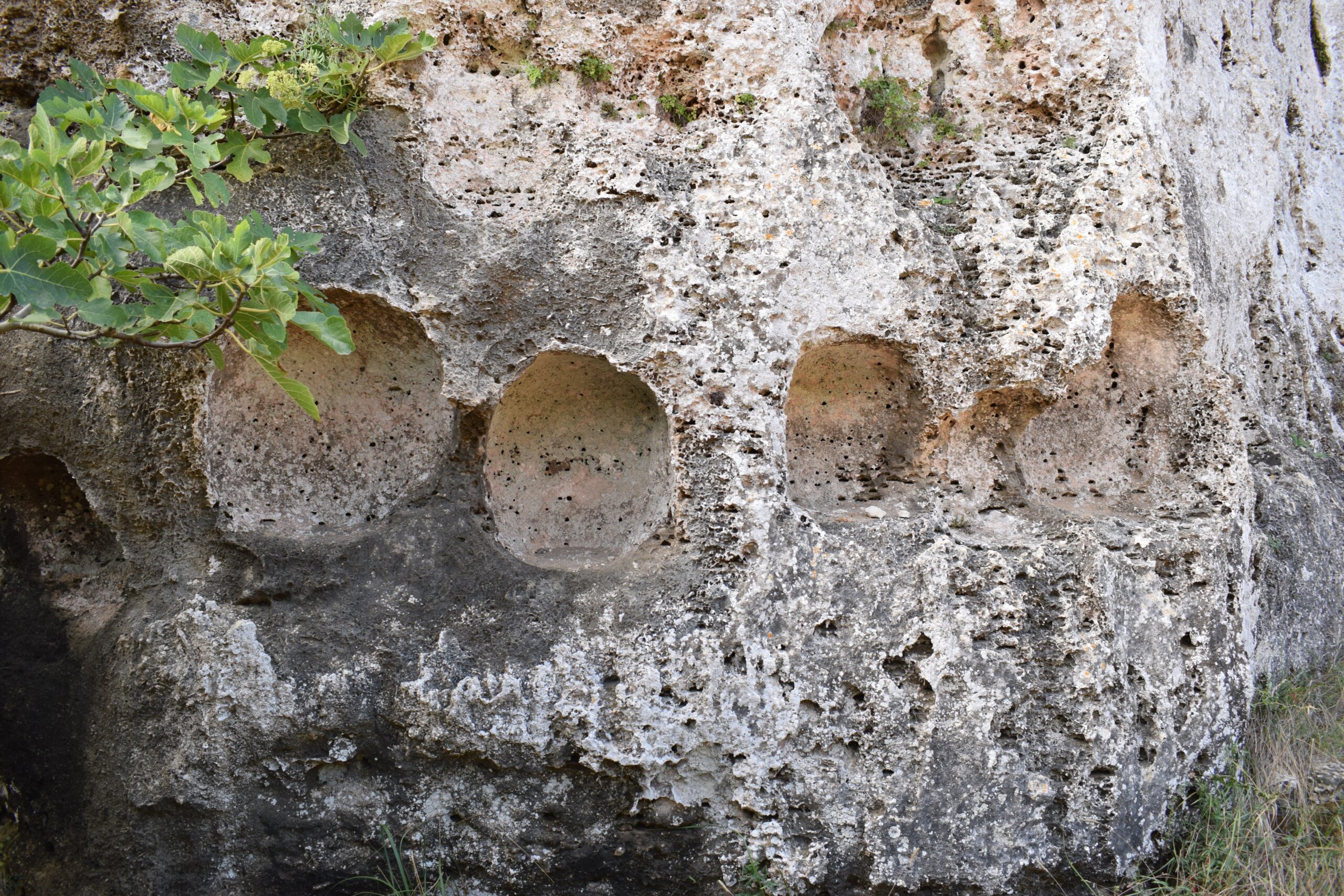 Cala Morell Menorca: witte huizen, grafgrotten en een klein rotsstrand 9 Rij kleine ovale uitgehakte holtes in de rotswand, de zogeheten capades de moro bij Cala Morell