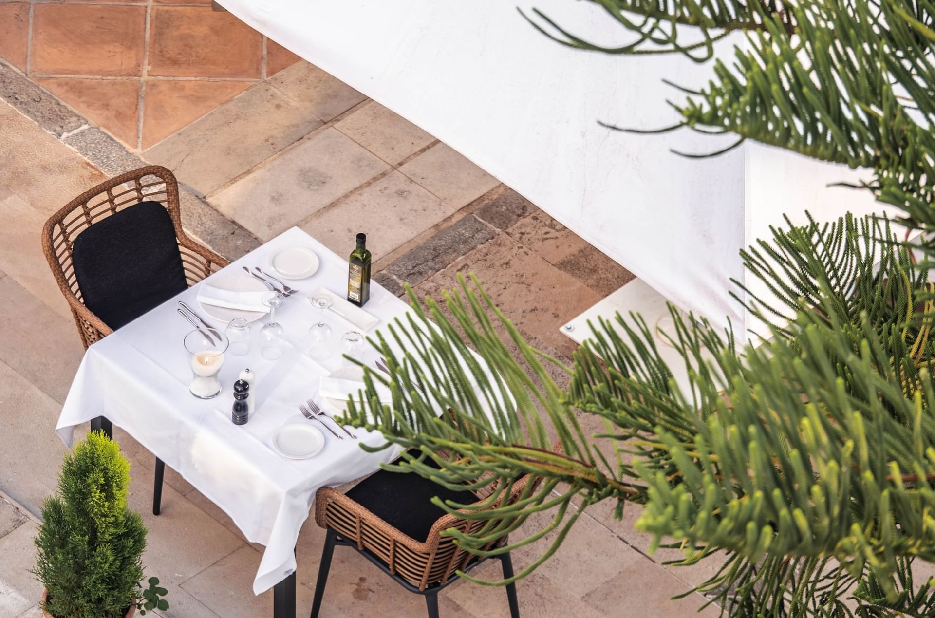 Ca'n Blau Sóller: het restaurant van het Gran Hotel uit 1880 7 Een voor twee gedekte tafel met wit tafelkleed op het tuinterras van Ca'n Blau, tussen potten met groen
