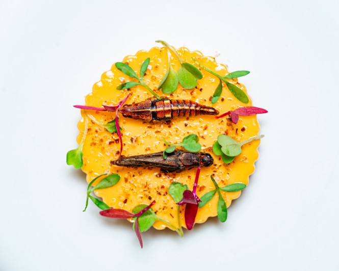 Can Simoneta Gastronòmic (Canyamel): Mexicaans-Mallorcaans menu op de klif 5 Hapje van Can Simoneta op een gele maiscracker met blaadjes en bloemblaadjes eromheen