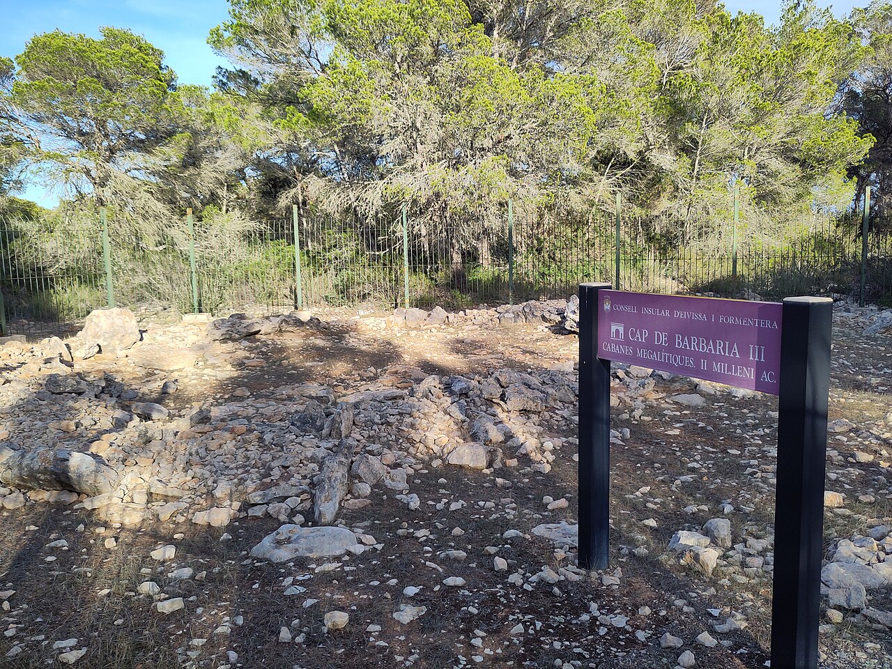 Het archeologische veld van Cap de Barbaria III met lage steenkringen en het informatiebord van het eilandbestuur