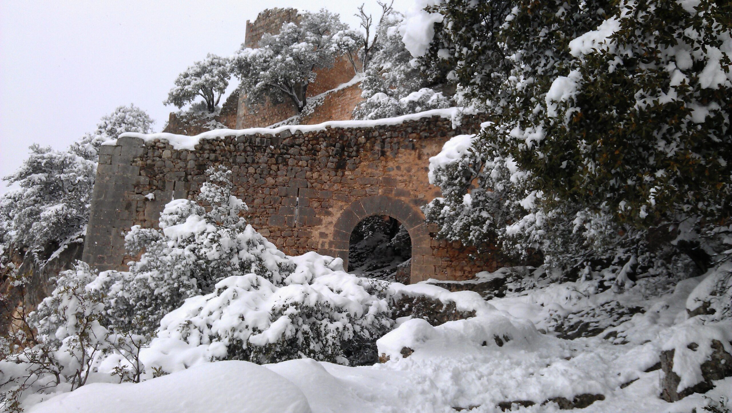 Castell d'Alaró: het rotskasteel waar je kunt blijven slapen 1 De muren en de poort van het Castell d'Alaró op de top van de berg, met de rotswand erachter