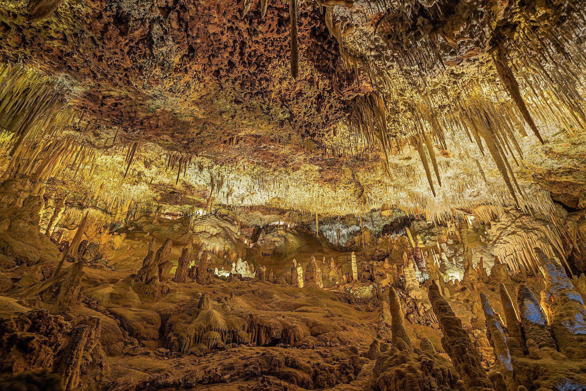 Grote zaal in de Coves dels Hams met honderden dunne stalactieten aan het plafond en stalagmieten op de bodem