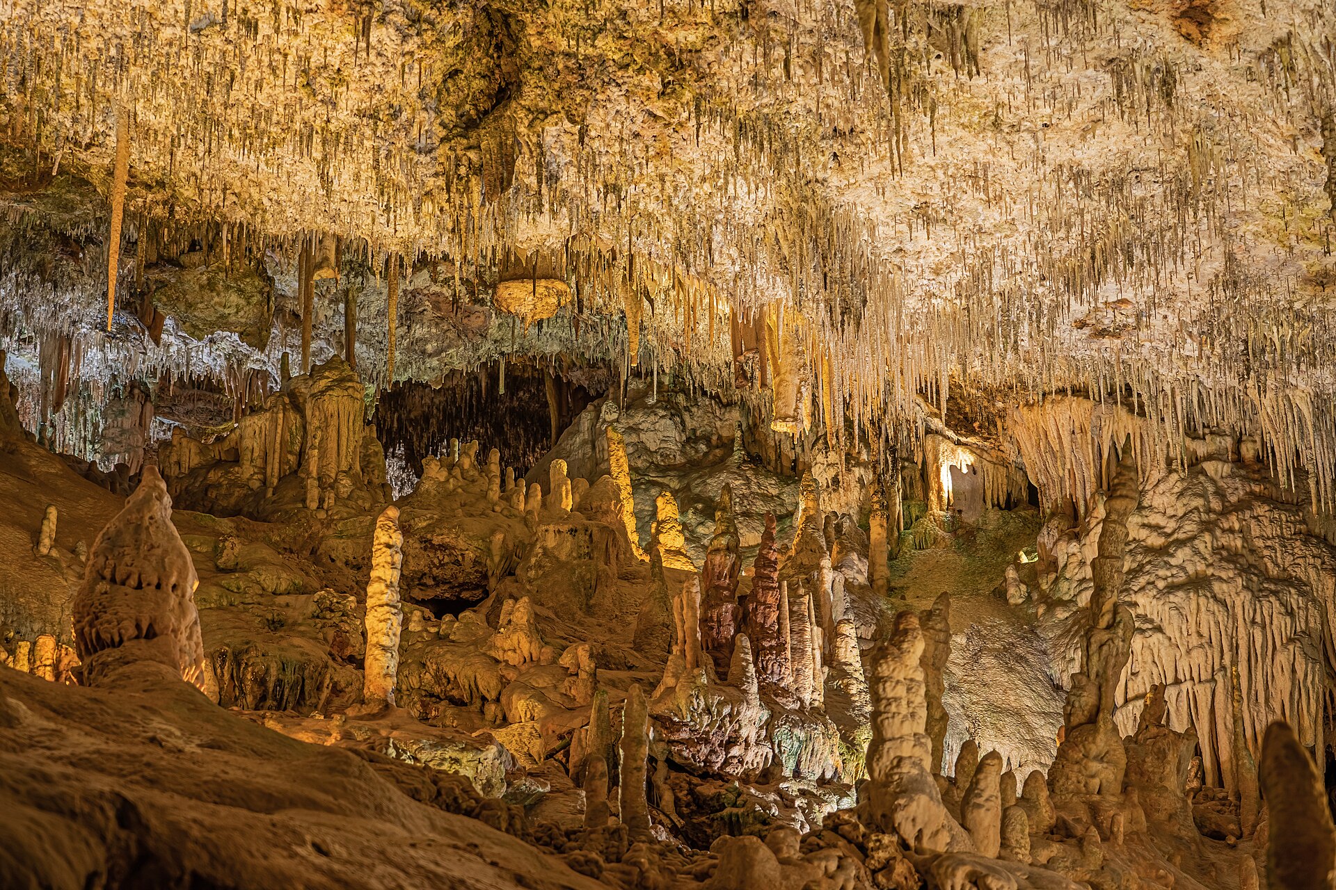 Stalactieten en stalagmieten in een hoge zaal van de Coves dels Hams