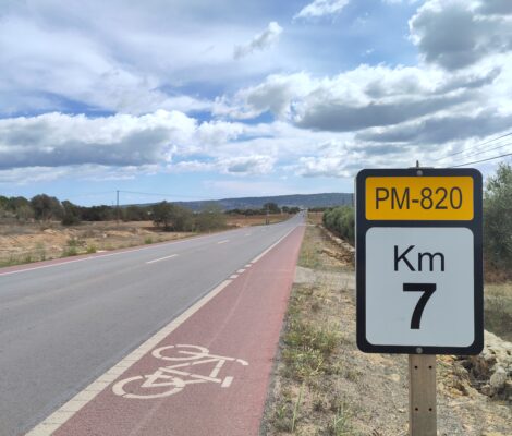 De doorgaande weg over Formentera met een rode fietsstrook ernaast en een fietser in de verte