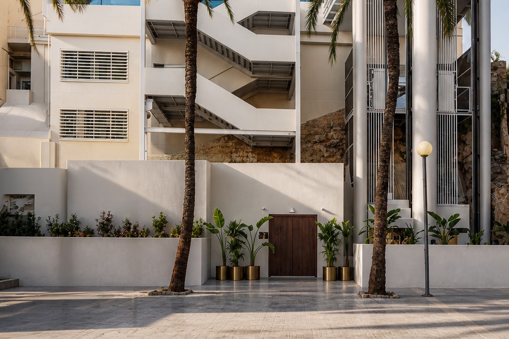 Fitz Palma de Mallorca: de nieuwe club in het pand van Tito's 6 De houten entreedeur en de witte buitentrappen van clubgebouw Fitz in Palma