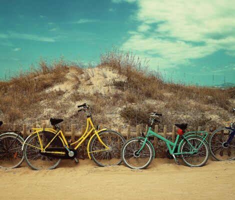 Vier gekleurde fietsen tegen een houten duinhek op Formentera in juli, met droog duingras en een blauwe lucht erachter