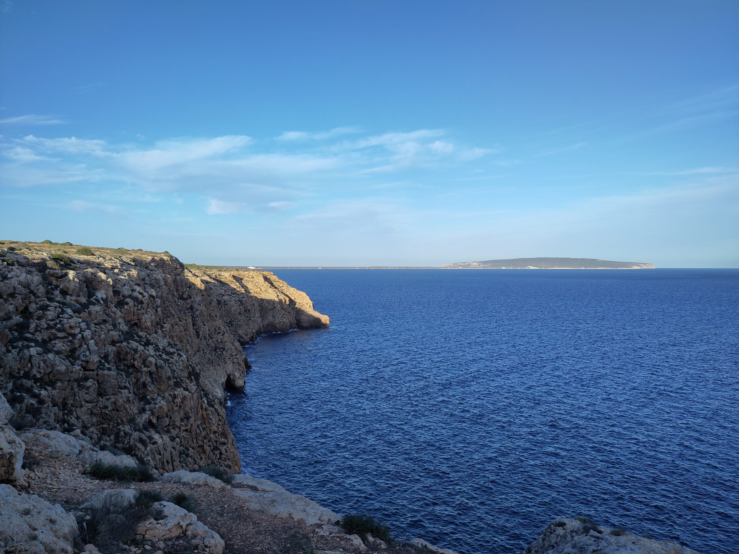 De kalkstenen kliffen van Cap de Barbaria op Formentera boven diepblauw water, met het plateau van La Mola aan de horizon