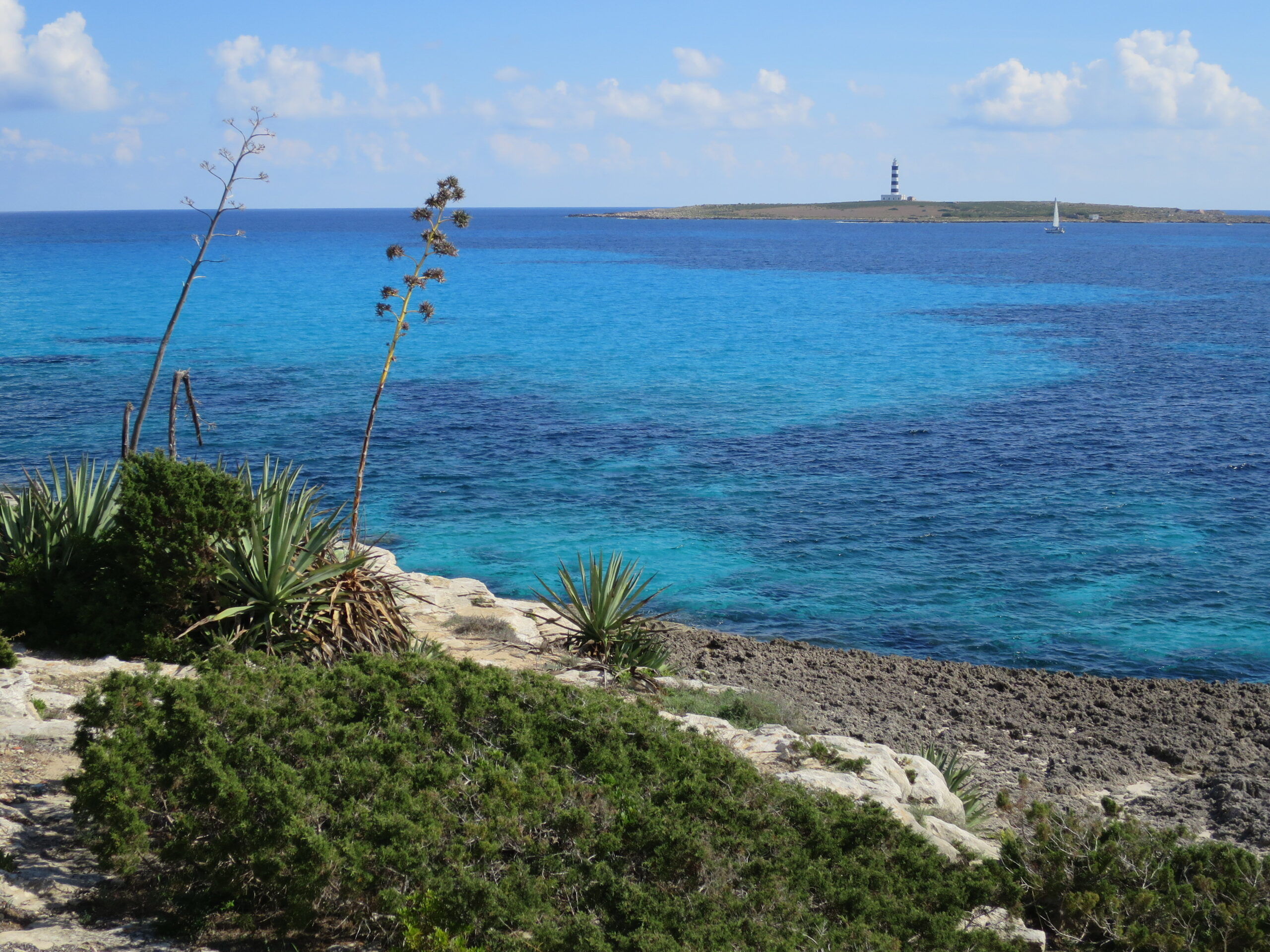 Turquoise water voor de kust van Punta Prima met het lage eilandje Illa de l'Aire en de vuurtoren erop
