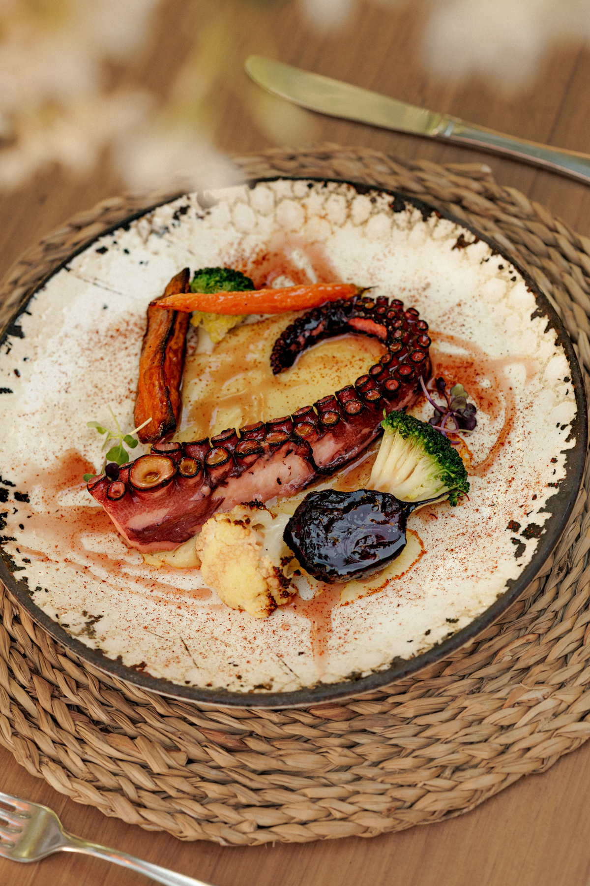La Luna nell’Orto Ibiza: zelfgemaakte pasta onder een eeuwenoude vijgenboom 3 Gegrilde octopus met aardappelparmentier, geroosterde wortel, bloemkool en broccoli op een geglazuurd bord bij La Luna nell’Orto