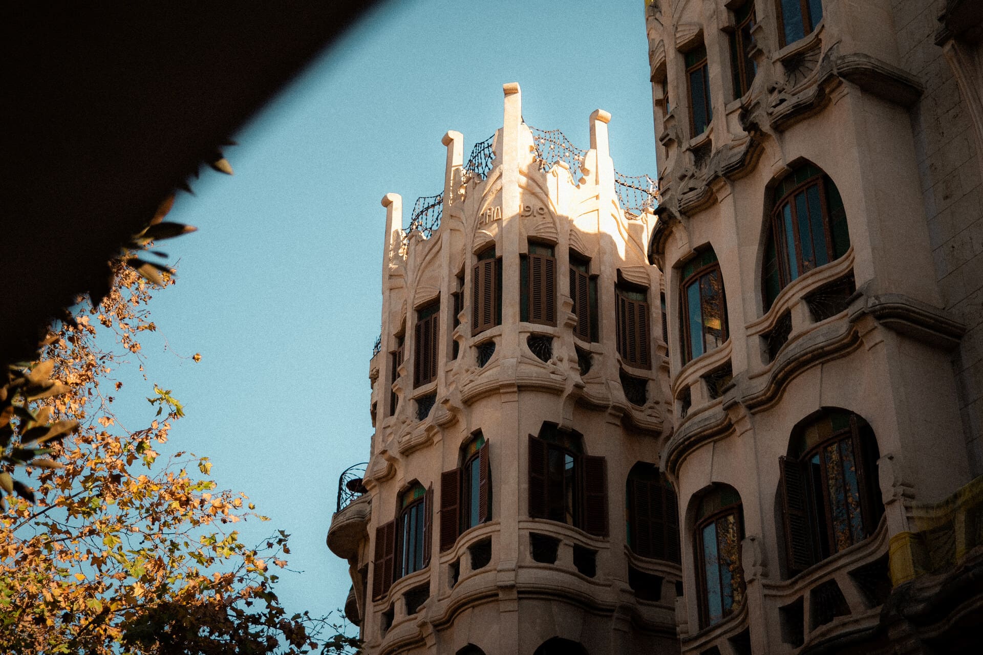 De golvende modernistische gevel van Can Casasayas aan de Plaça del Mercat in Palma, gezien vanaf het terras tussen de bladeren van de ficus