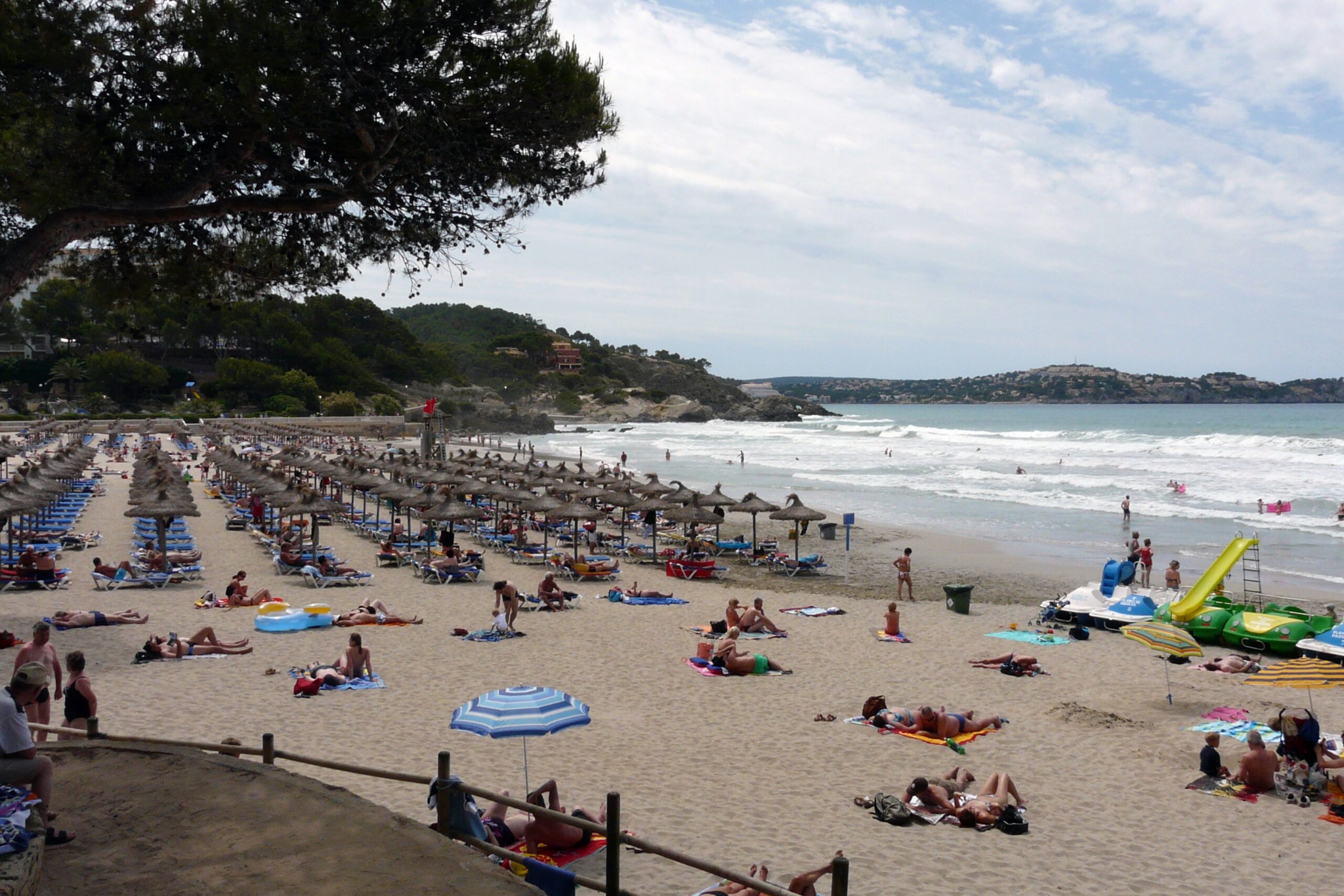 De Platja Gran de Torà in Peguera met rijen strohutparasols en blauwe ligbedden, waterfietsen aan de vloedlijn en de rotspunt met parasoldennen aan het eind van het zand