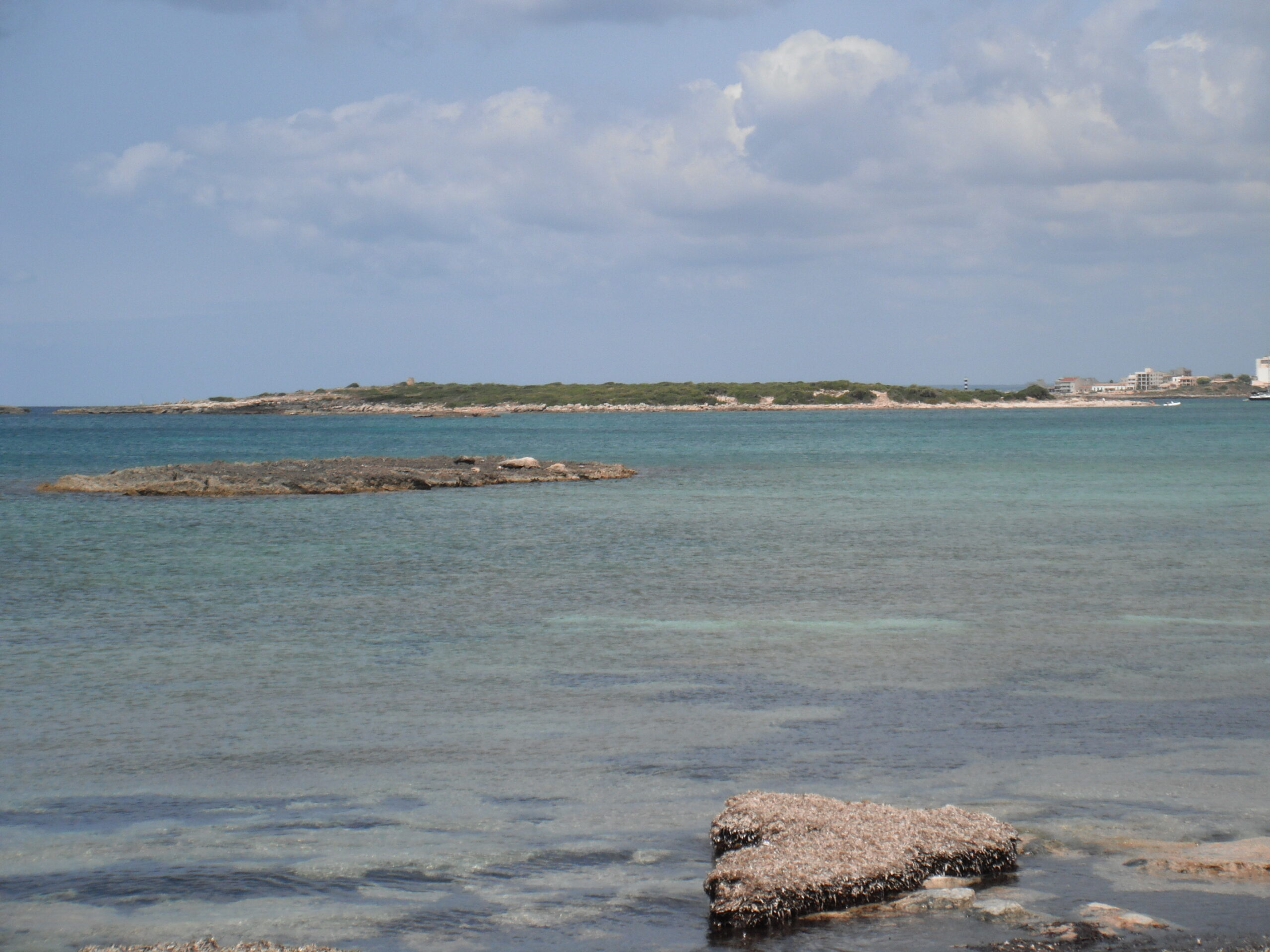 Platja des Carbó Mallorca: onbebouwd wit zand bij Colònia de Sant Jordi 5 De ondiepe, doorzichtige zee voor Es Carbó met rotsplaten vlak onder de oppervlakte en het onbewoonde eilandje Na Moltona aan de horizon