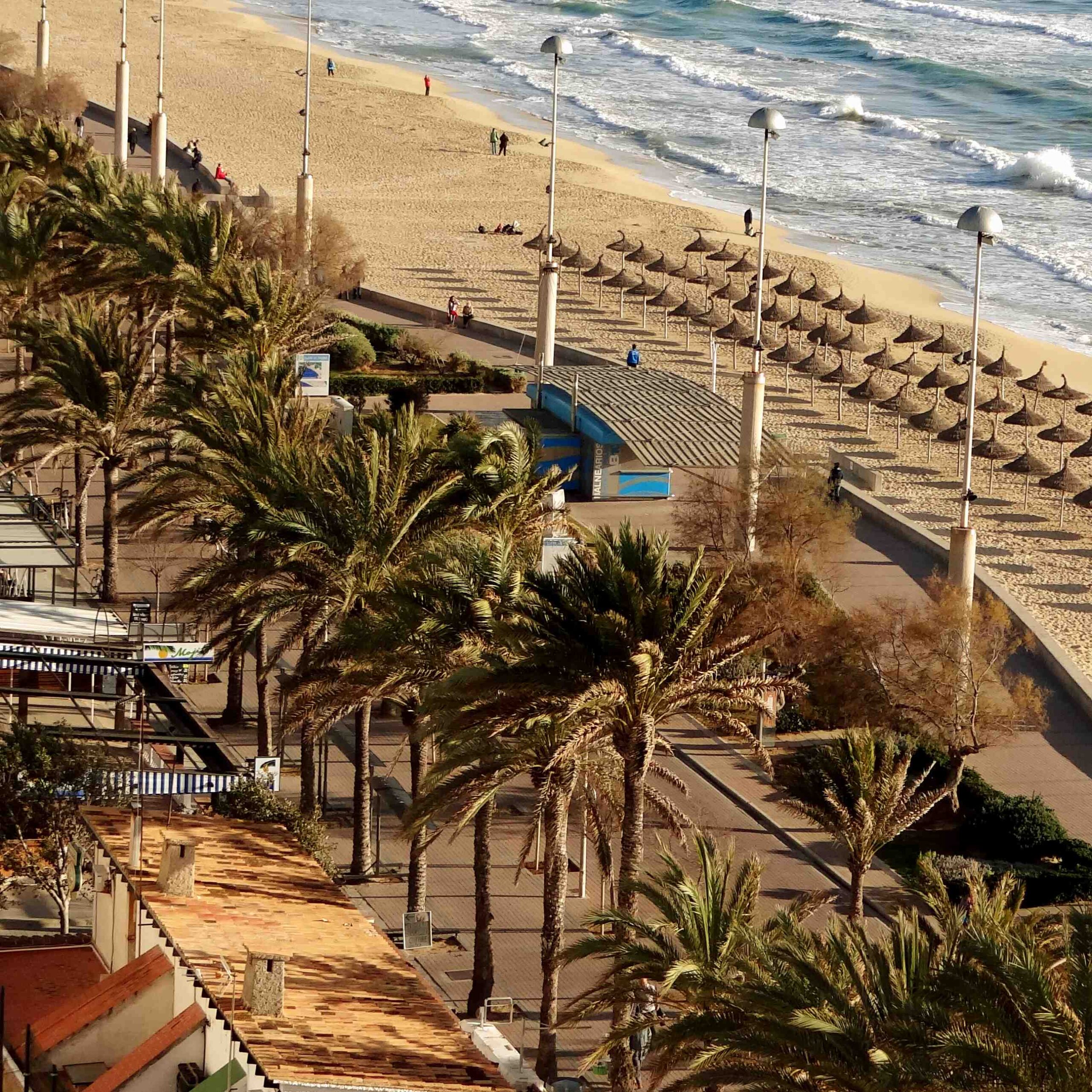 Playa de Palma (Mallorca): het grote stadsstrand bij Palma 4 De promenade van de Playa de Palma met palmen en lantaarns, en daarachter de rieten parasols op het zand en de branding