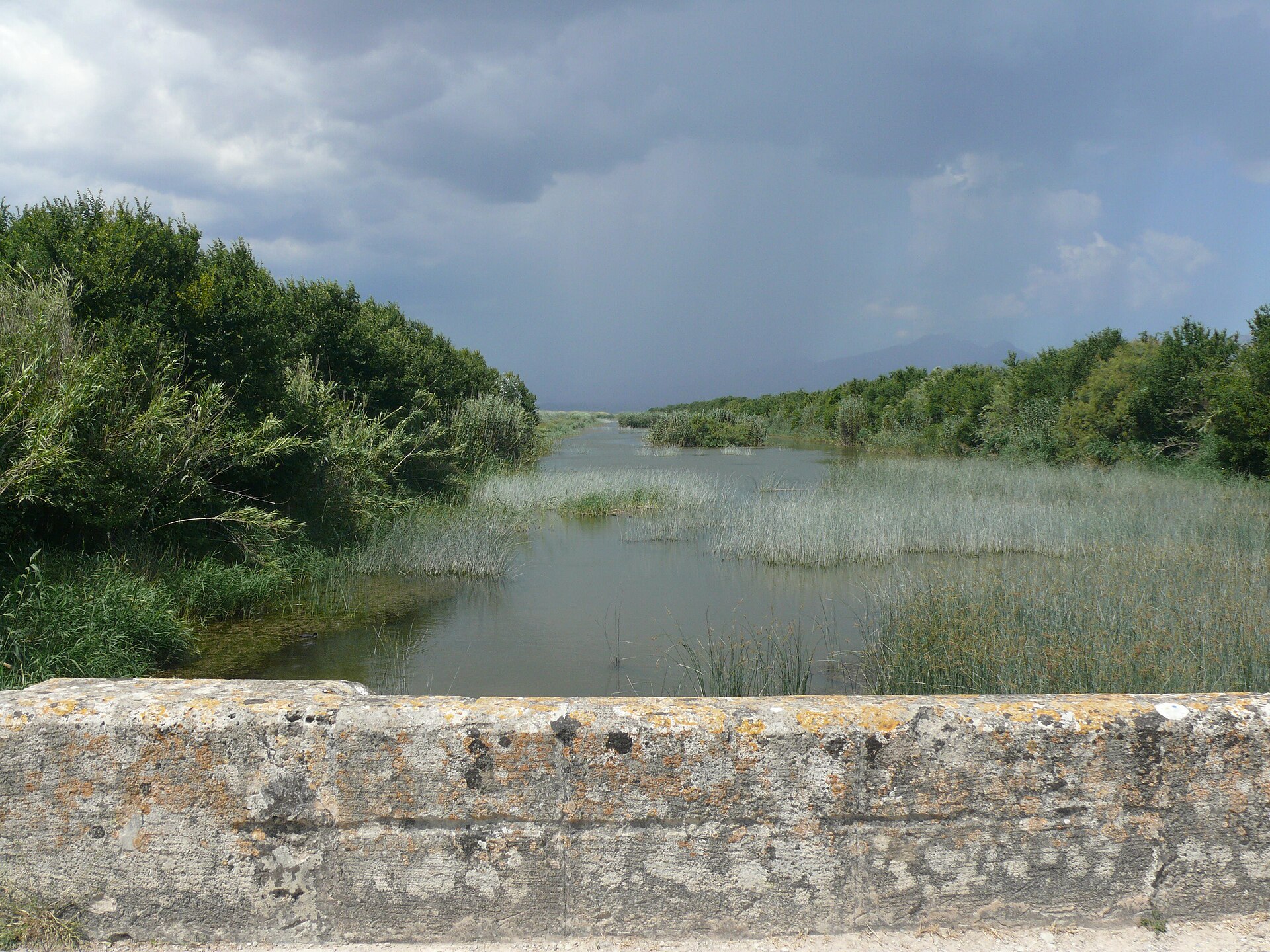 S'Albufera Mallorca: het moeras dat de Engelsen wilden droogleggen 3 Uitzicht vanaf een stenen brugleuning over een kanaal van s'Albufera met rietkragen en een donkere regenbui boven de bergen