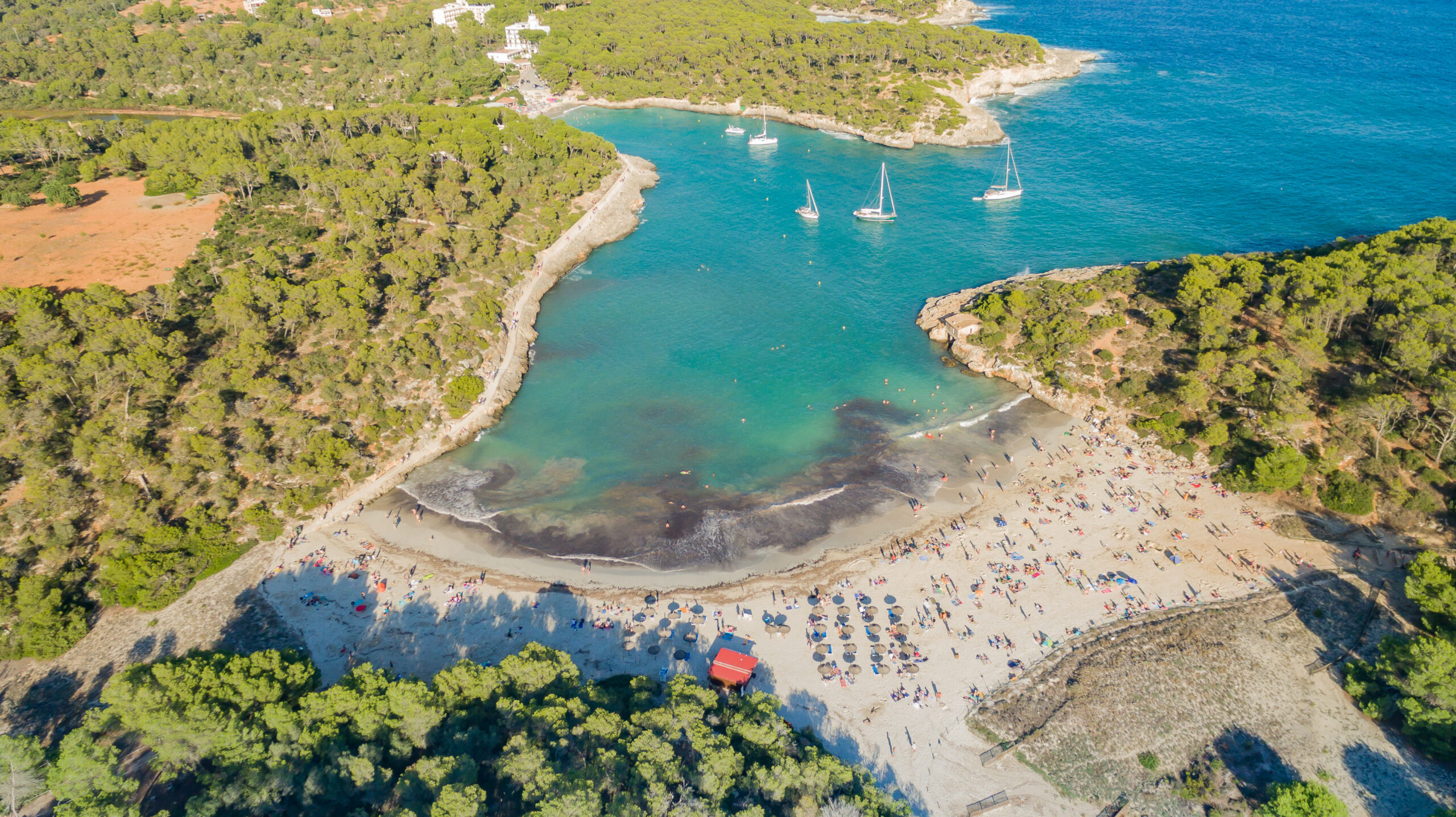 Luchtfoto van de diep ingesneden baai van S'Amarador met het witte strand aan het einde en pijnbossen rondom